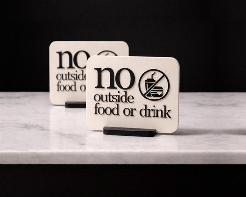 LettrBoard No Outside Food or Drink counter signs on a marble counter