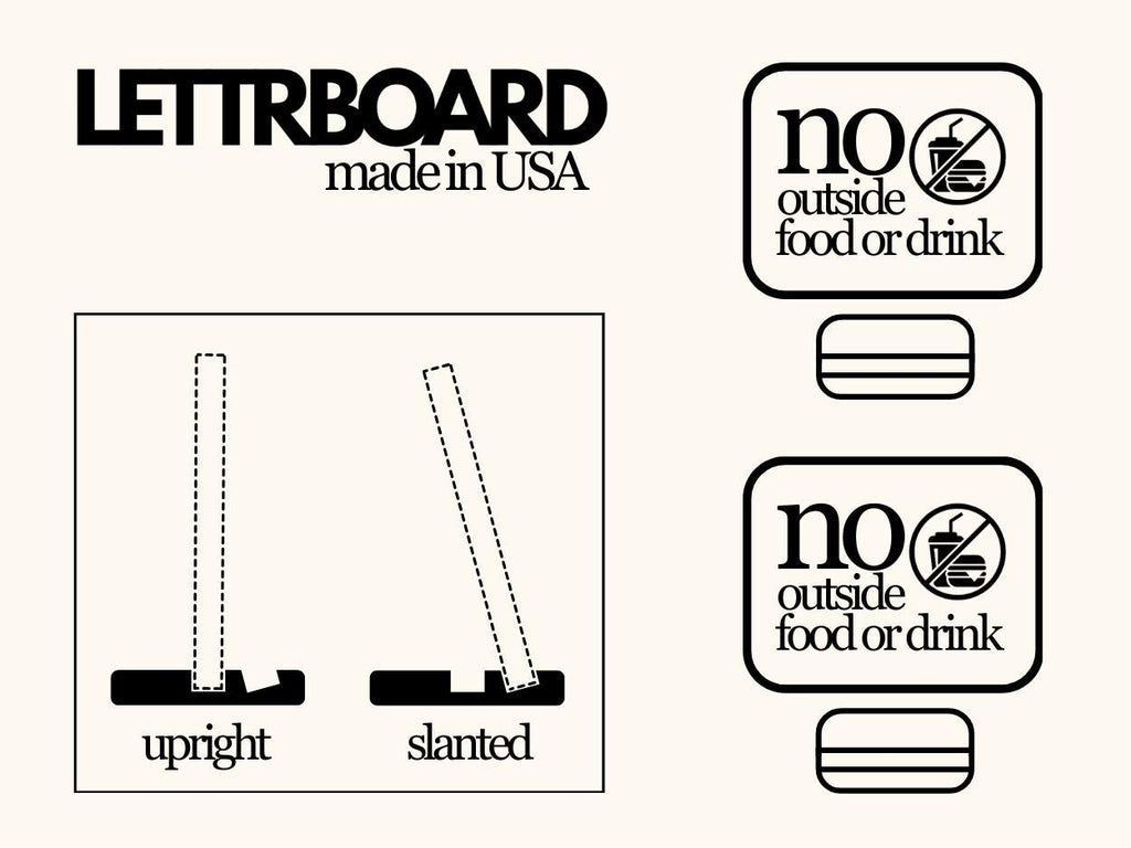 LettrBoard No Outside Food or Drink sign set diagram with upright and slanted base options