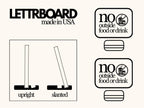 LettrBoard No Outside Food or Drink sign set diagram with upright and slanted base options