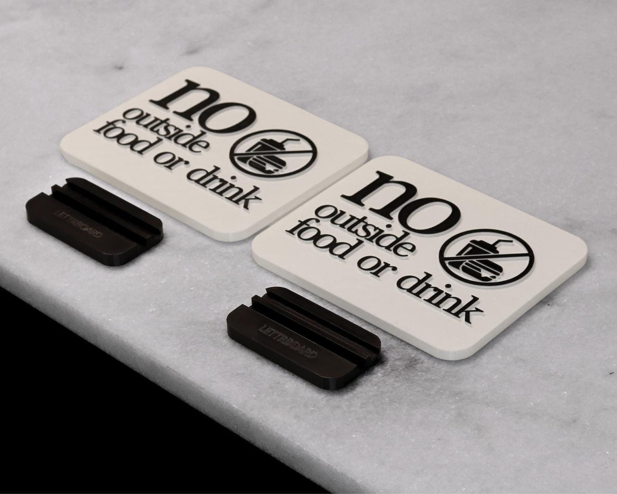 LettrBoard No Outside Food or Drink signs and bases laid flat
