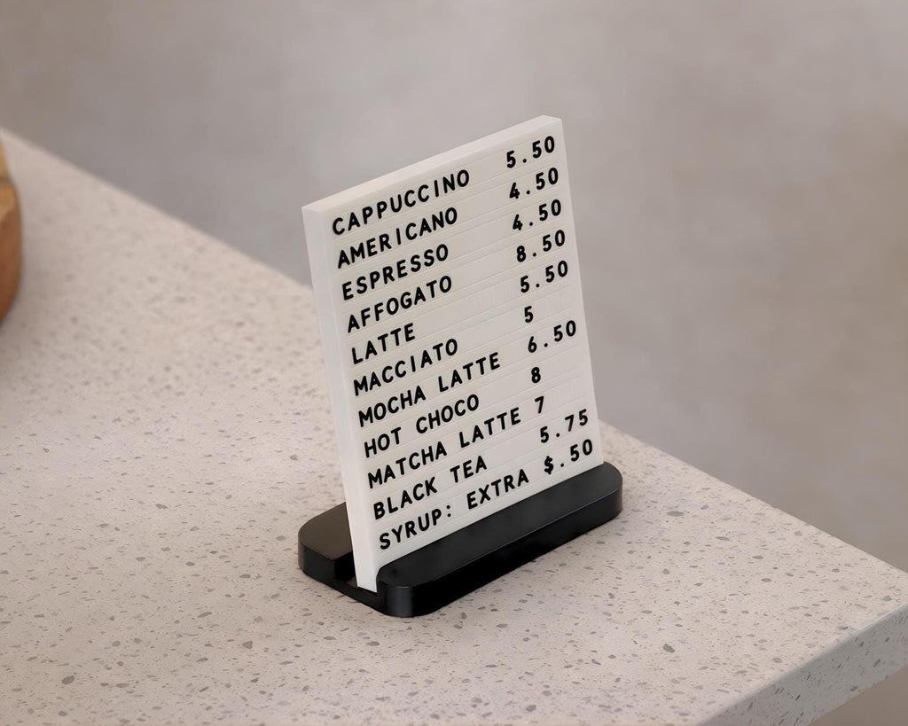 LettrBoard changeable tabletop coffee menu sign on a marble counter