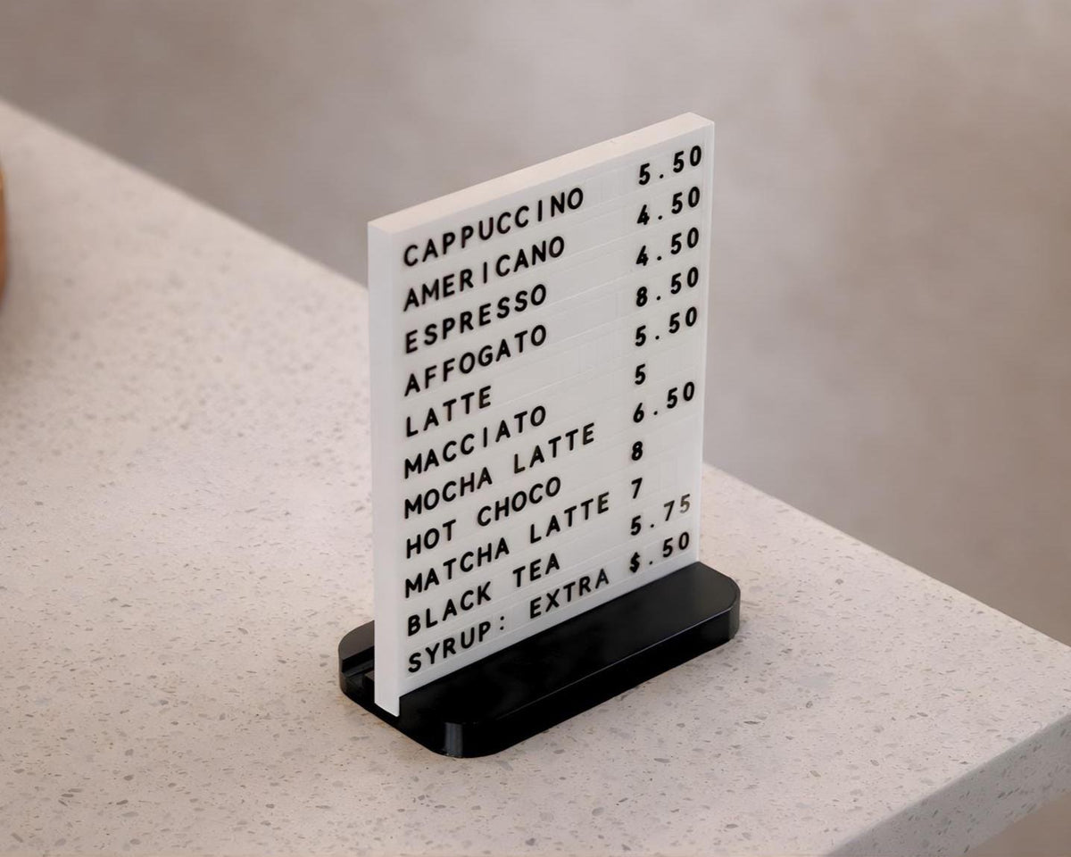 LettrBoard modular tabletop menu sign with drink names and prices