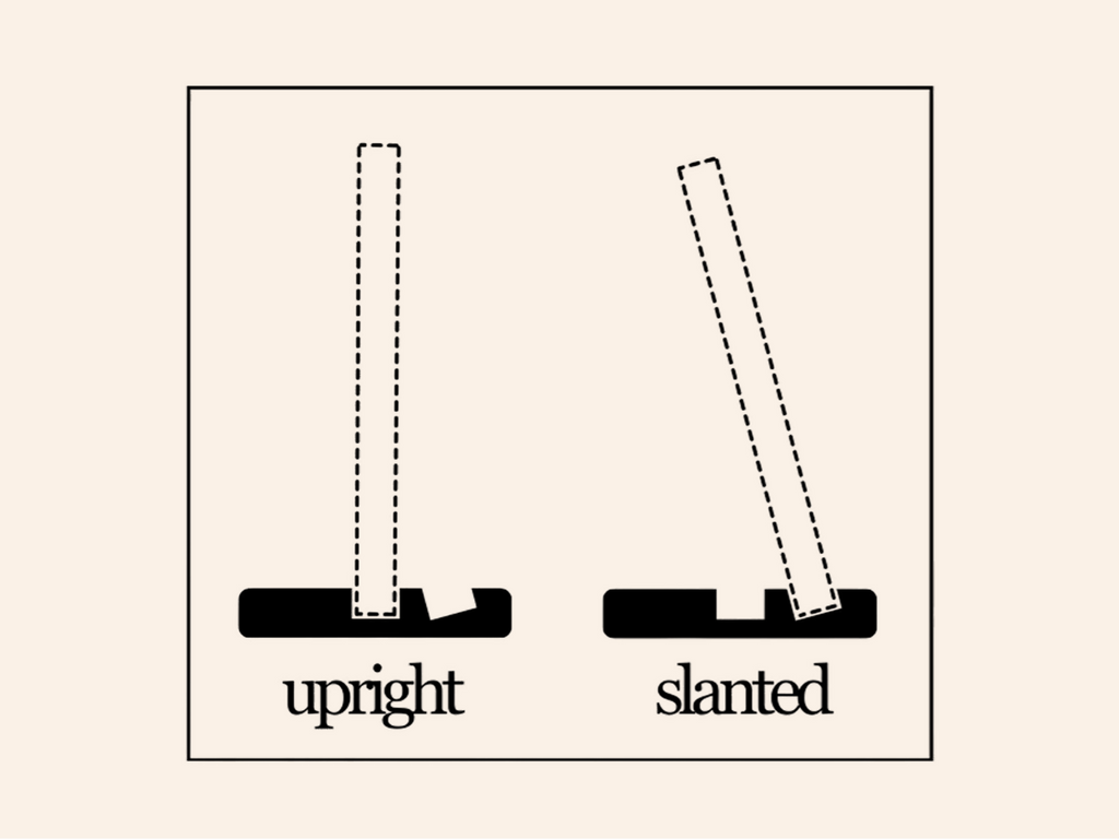 Diagram of LettrBoard dual-slot base holding a sign upright or slanted